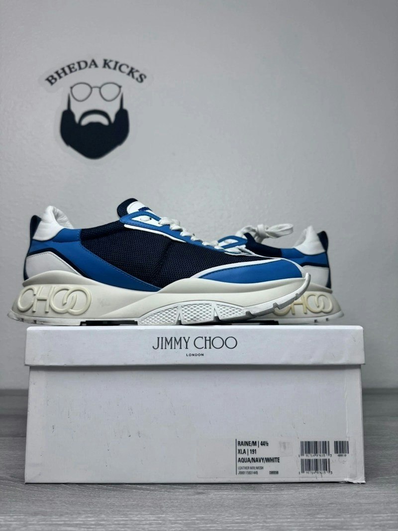 Jimmy Choo Raine Aqua Navy Leather Low Top Sneakers