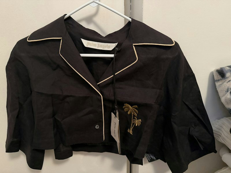 Palm Angels Cropped Bowling Shirt Black Linen
