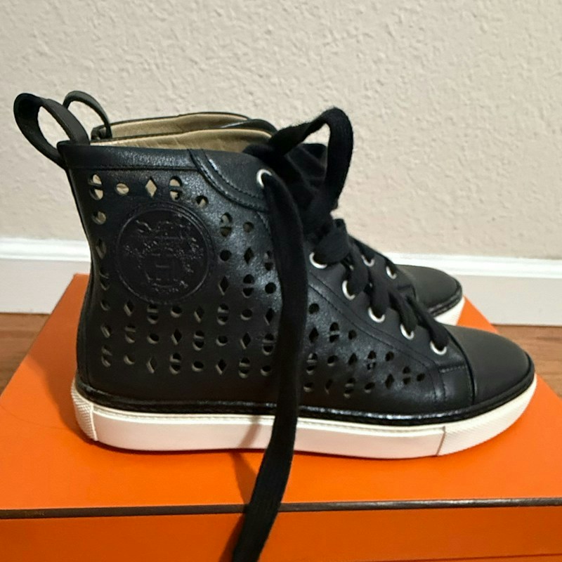 Hermes Jimmy High-Top Sneakers Black Perforated Calfskin Leather (Women's)