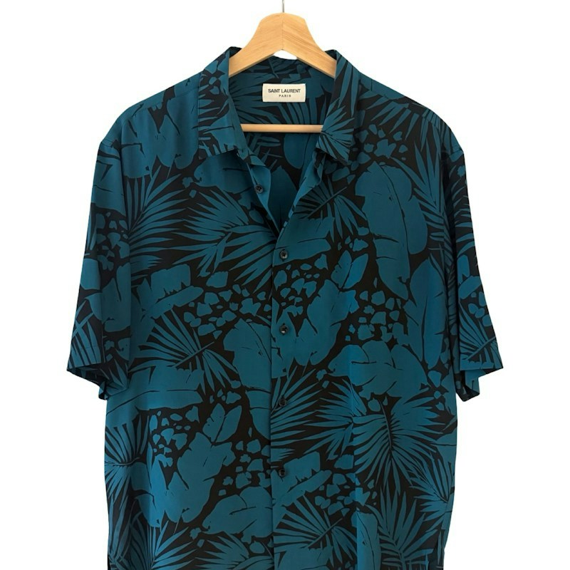 Saint Laurent Palm Leaf Print Short Sleeve Shirt Teal Black