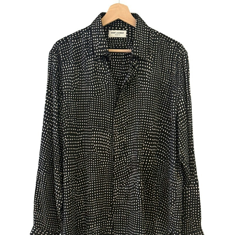 Saint Laurent Polka Dot Silk Long Sleeve Shirt Black White