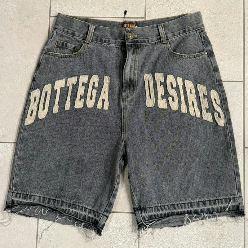Bottega Desires Frayed Patch Denim Shorts Black/Grey