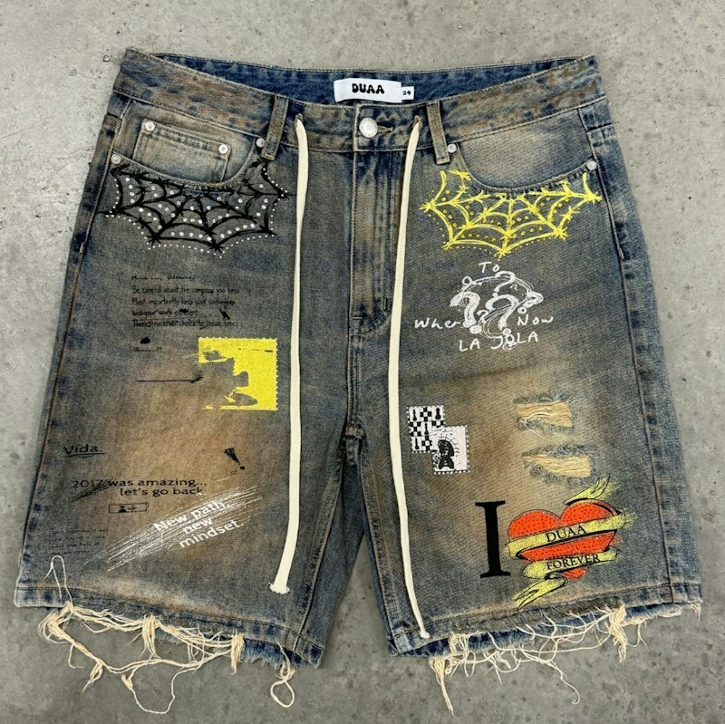 DUAA Printed Denim Shorts Blue