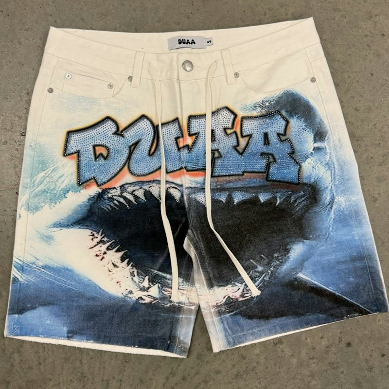 DUAA Shark Print Denim Shorts White