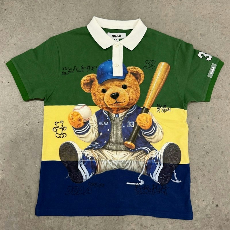DUAA Bear Graphic Polo Shirt Green Yellow Blue