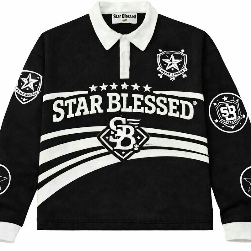 Star Blessed Long Sleeve Polo Shirt Black White