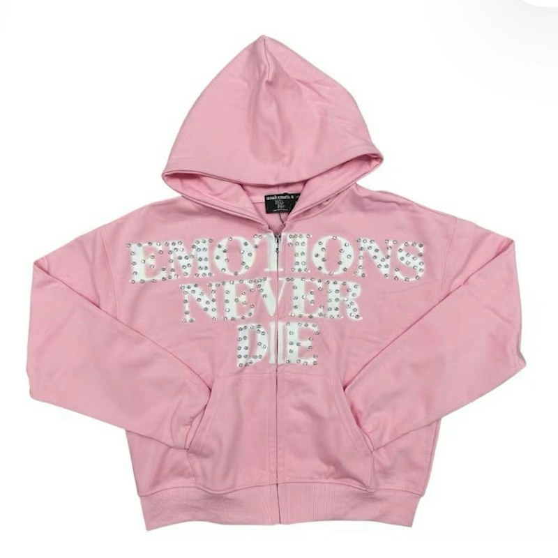Send Help Emotions Never Die Rhinestone Full Zip Hoodie Pink