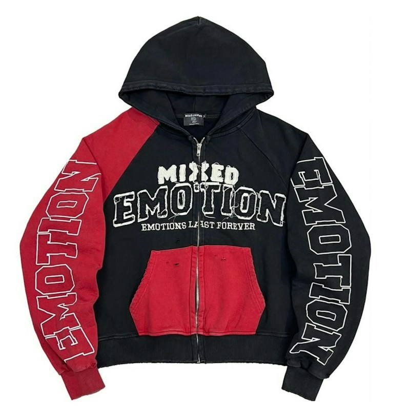 Mixed Emotion Zip Up Hoodie Black Red