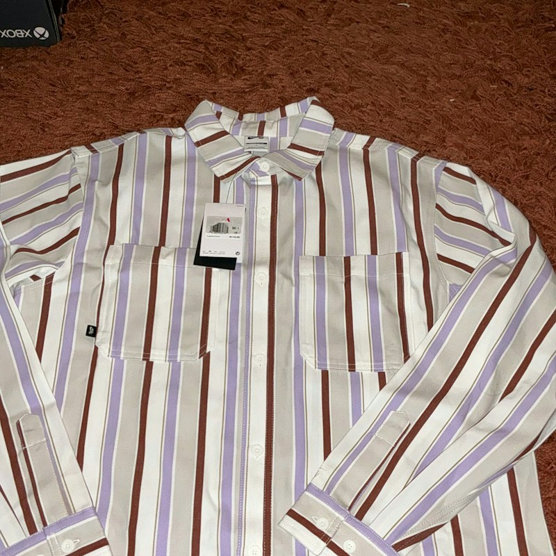 Nike SB Striped Long Sleeve Button-Down Overshirt White Purple Loose Fit