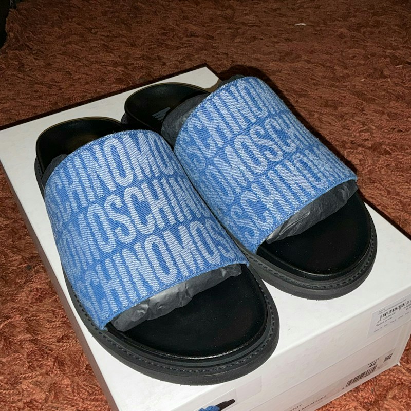 Moschino All Over Logo Denim Slides Blue