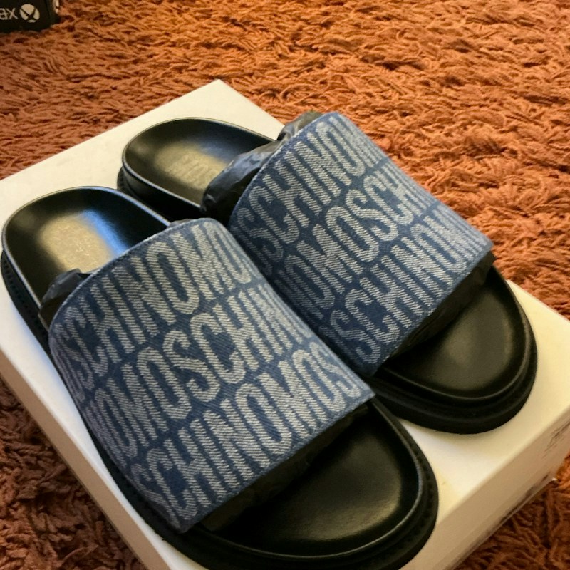 Moschino Jacquard Monogram Slide Sandals Denim Blue