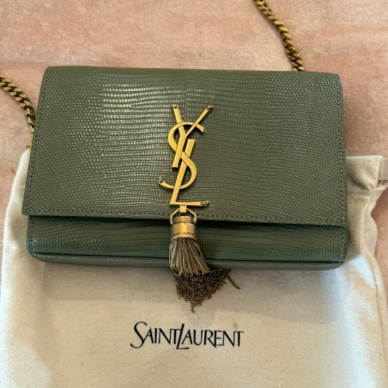 Saint Laurent Kate Monogram Tassel Chain Wallet Lizard Green