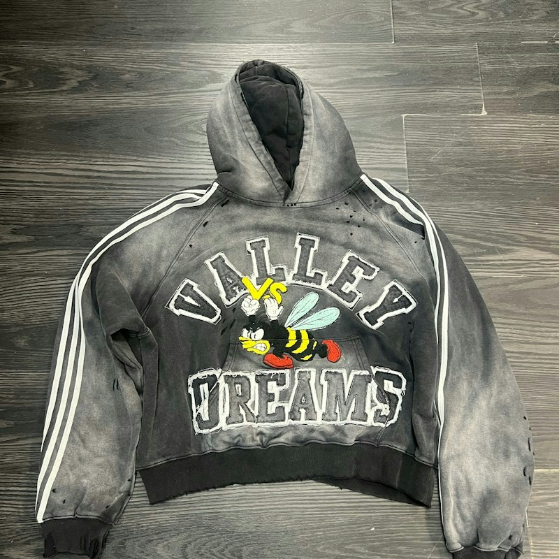 Valley Dreams Washed Distressed Hoodie Black