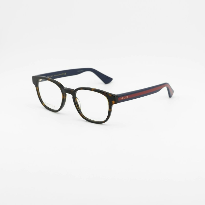 Gucci GG0927O 002 Square Eyeglasses 49mm – Dark Havana with Blue and Red Stripe