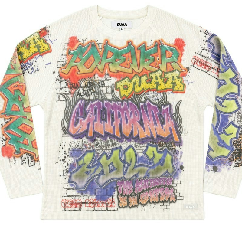 Duaa Graffiti Print Long Sleeve Thermal Shirt White