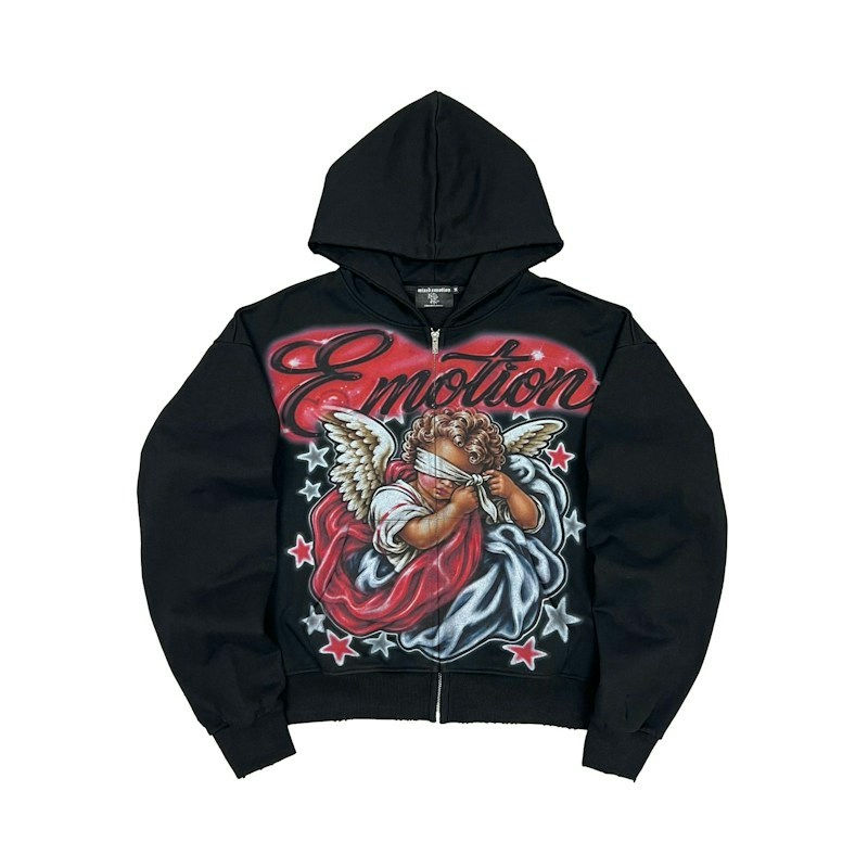 Mixed Emotion Zip-Up Hooded Sweatshirt Black
