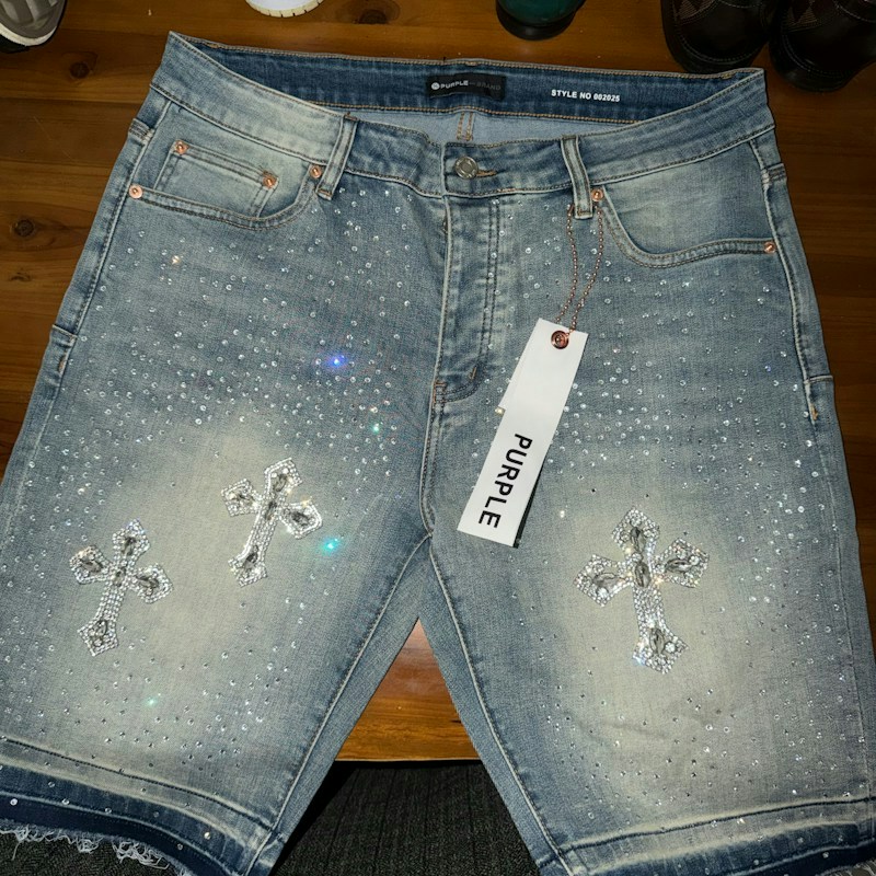 Short en jean à strass Purple Brand bleu clair