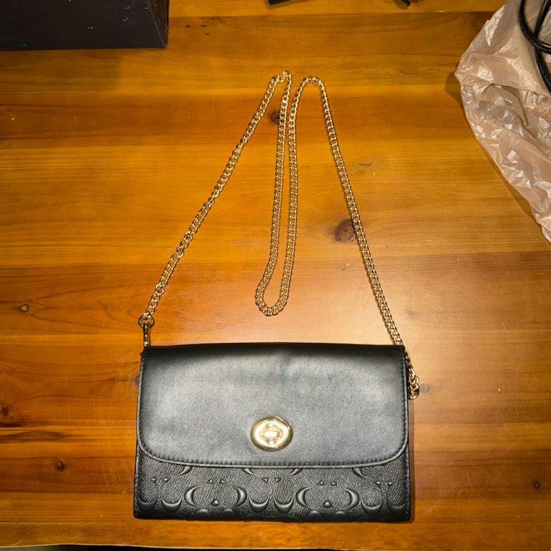 Coach Signature Embossed Leather Chain Crossbody Wallet Black