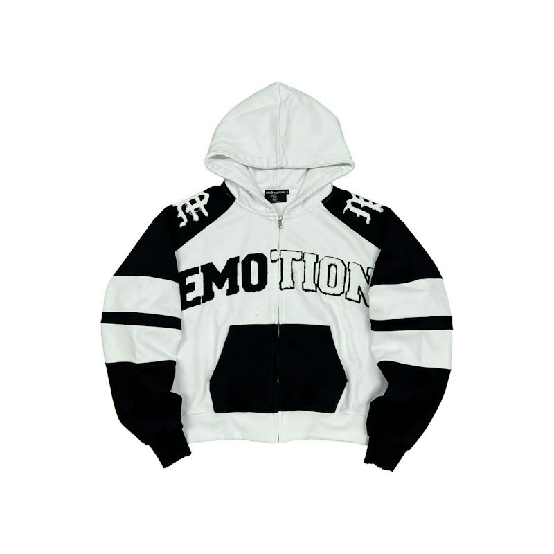 Mixed Emotion Zip-Up Hooded Sweatshirt Black White