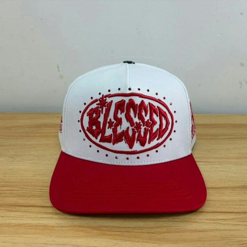 Star Blessed Snapback Hat White Red