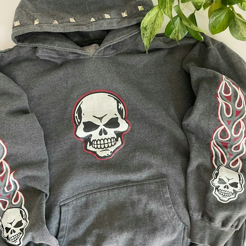 Y2K No Boundaries Skull Flames Studded Hoodie Charcoal