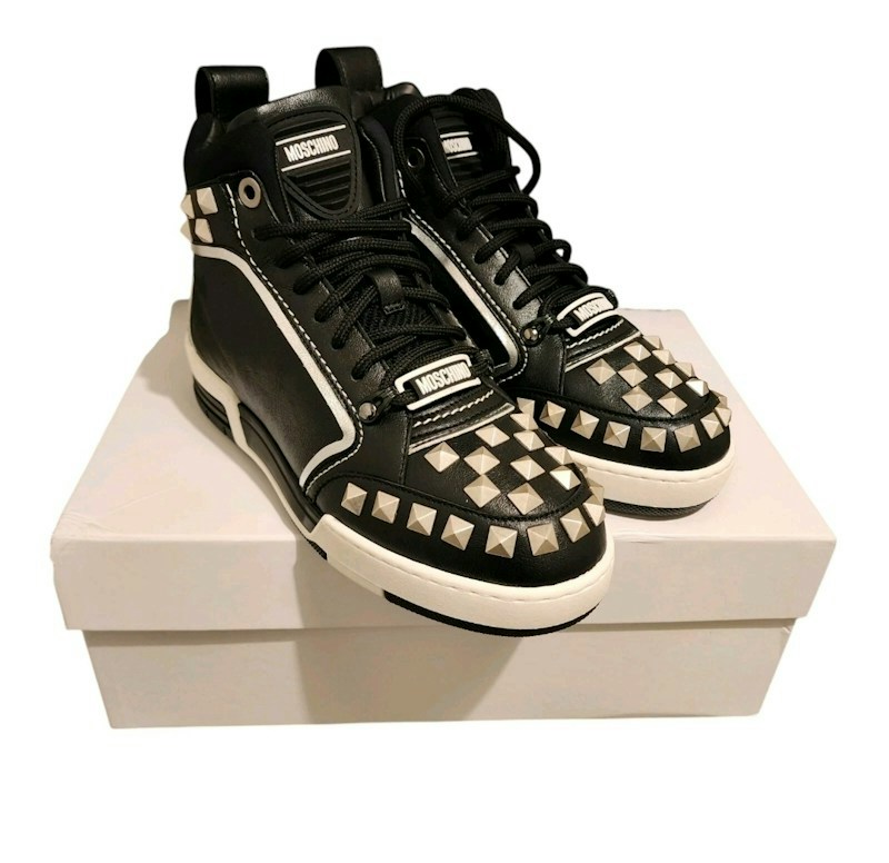 Moschino Stud-Embellished High-Top Sneakers Jet Black Optical White