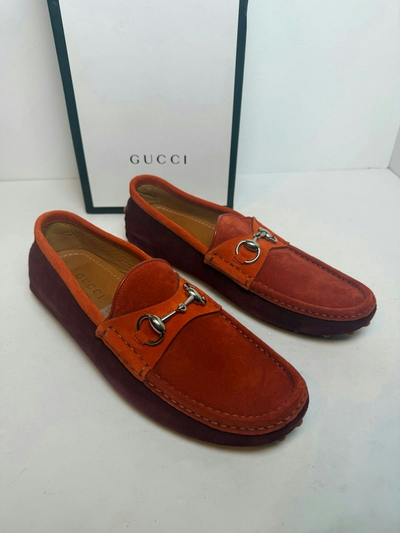 Gucci Horsebit Detail Loafers Burgundy Orange Suede