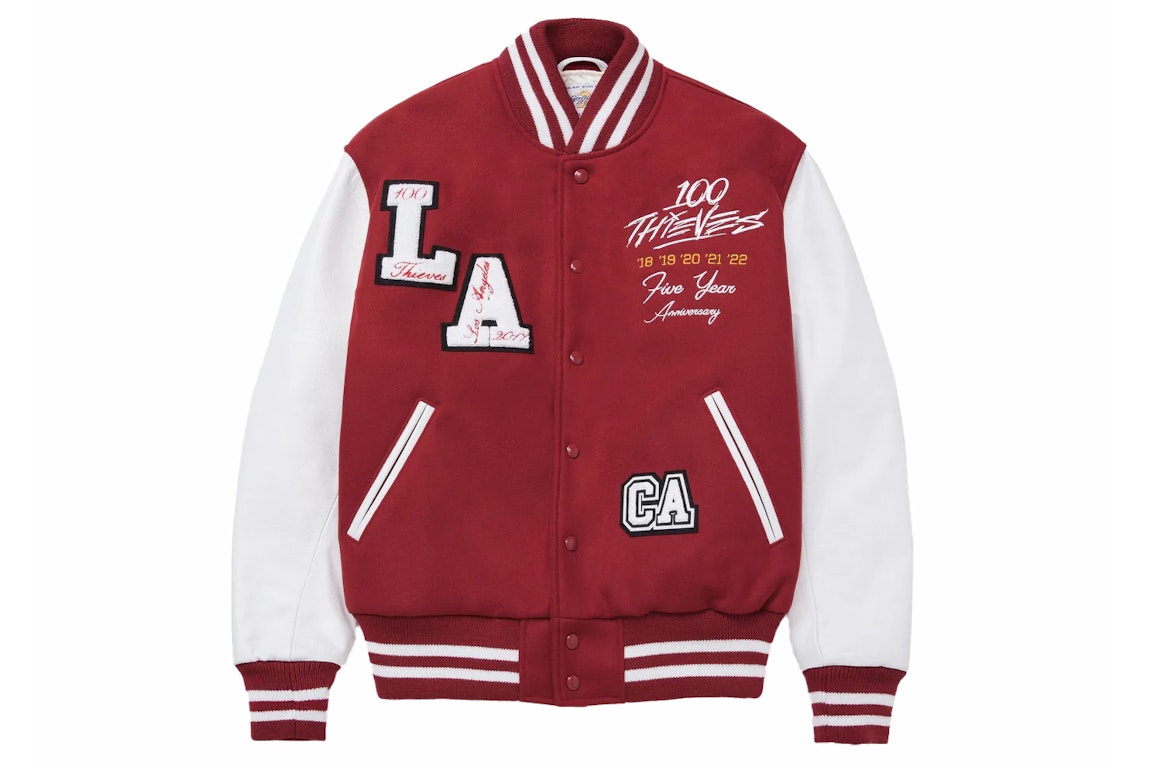 Pre-owned 100 Thieves Golden Bear 5 Year Varsity Jacket Red/white