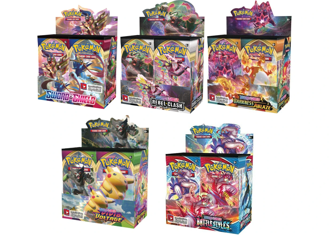 Pokmon TCG Sword & Shield Booster Box Bundle (Base/Rebel Clash/Darkness Ablaze/Vivid Voltage/Battle Styles) - US Pokmon TCG Sword & Shield Booster Box Bundle (Base/Rebel Clash/Darkness Ablaze/Vivid Voltage/Battle Styles) - US
