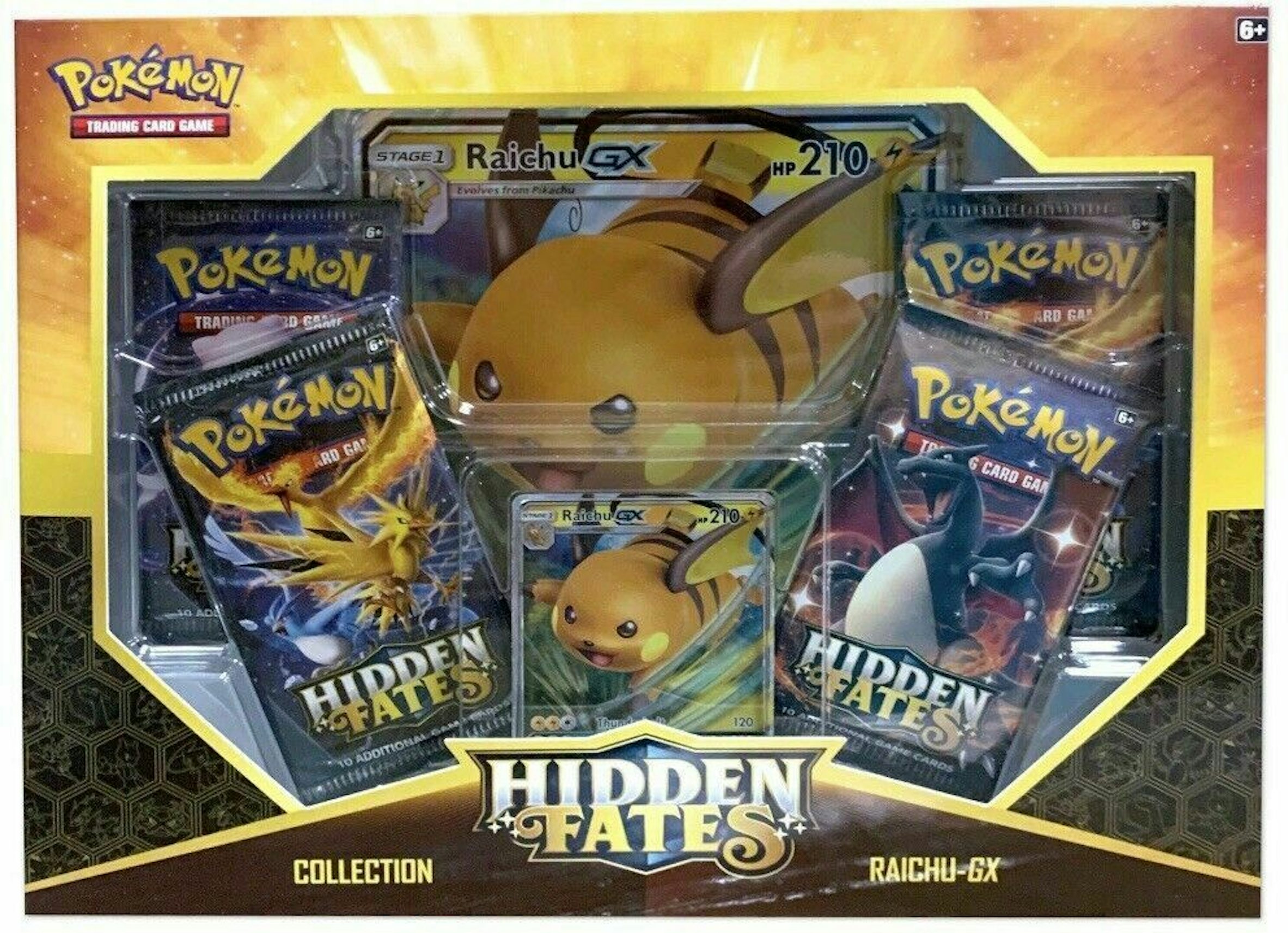 Pokemon TCG: SM11.5 Hidden Fates Gx Tin - Raichu + 1 de 3 cartas Pokémon-GX  + 4 Booster Pack : : Brinquedos e Jogos