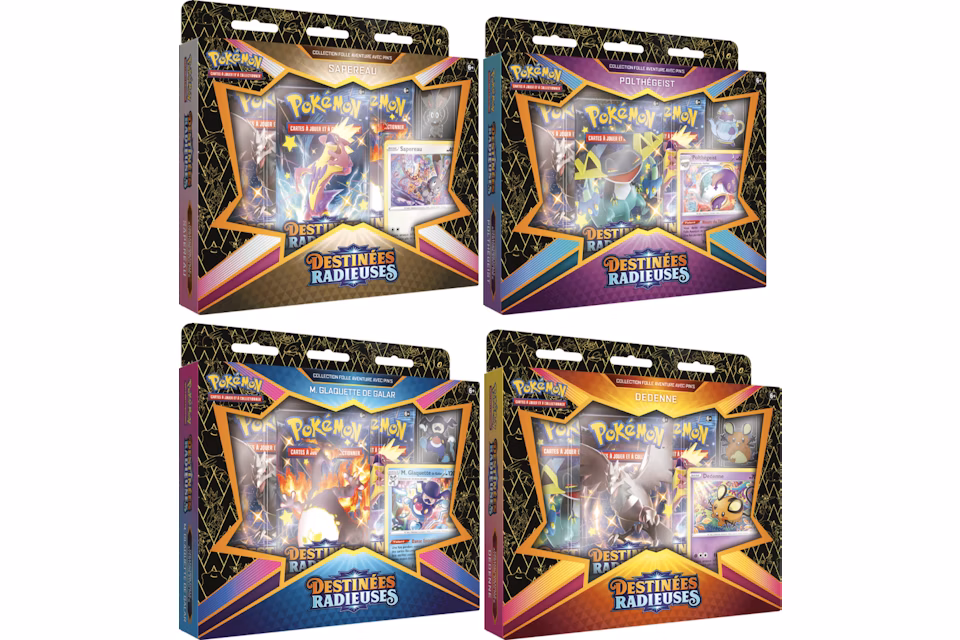Pokémon JCC Épée et Bouclier Destinées Radieuses Collection Folle Aventure Avec Pin's Polthégeist/Sapereau/M. Glaquette De Galar/Dedenne (FRA) 4x Lot