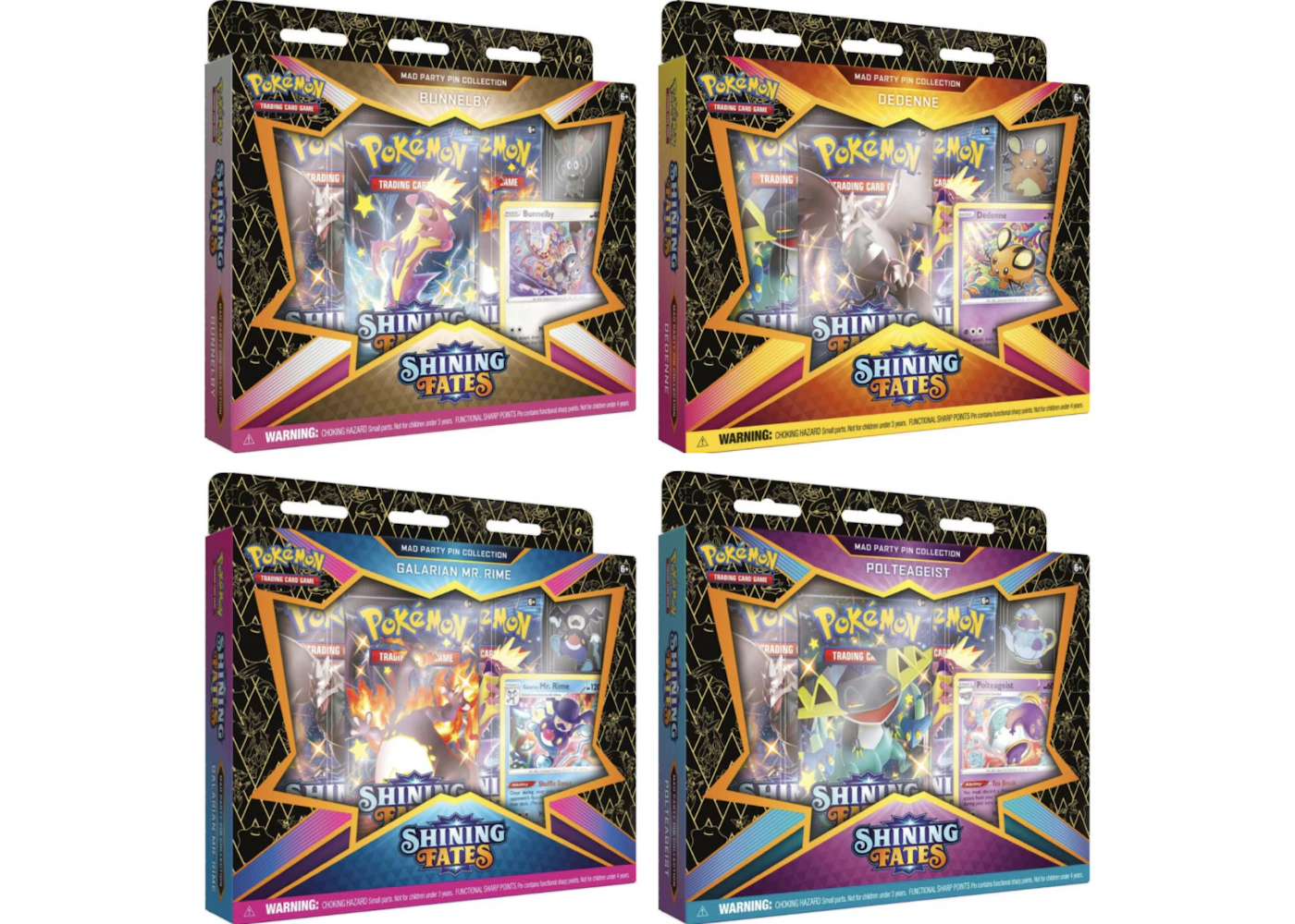 Pokmon TCG Sword & Shield Shining Fates Mad Party Pin Collection 4X Lot Bunnelby/Dedenne/Galarian Mr. Rime/Polteageist - US Pokmon TCG Sword & Shield Shining Fates Mad Party Pin Collection 4X Lot Bunnelby/Dedenne/Galarian Mr. Rime/Polteageist - US