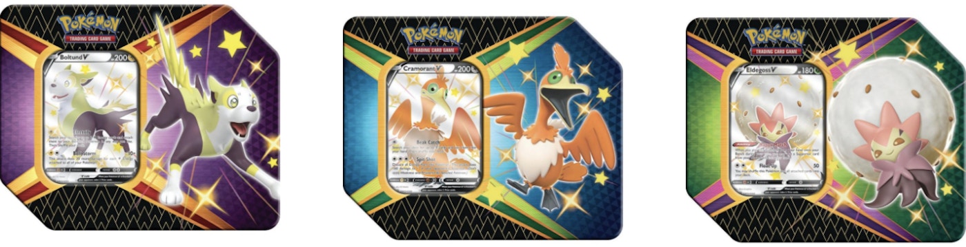 21 Pokemon Tcg Sword Shield Shining Fates 3x Tin Lot Boltund V Cramorant V Eldegoss V Uk Version 5 Booster Packs 21