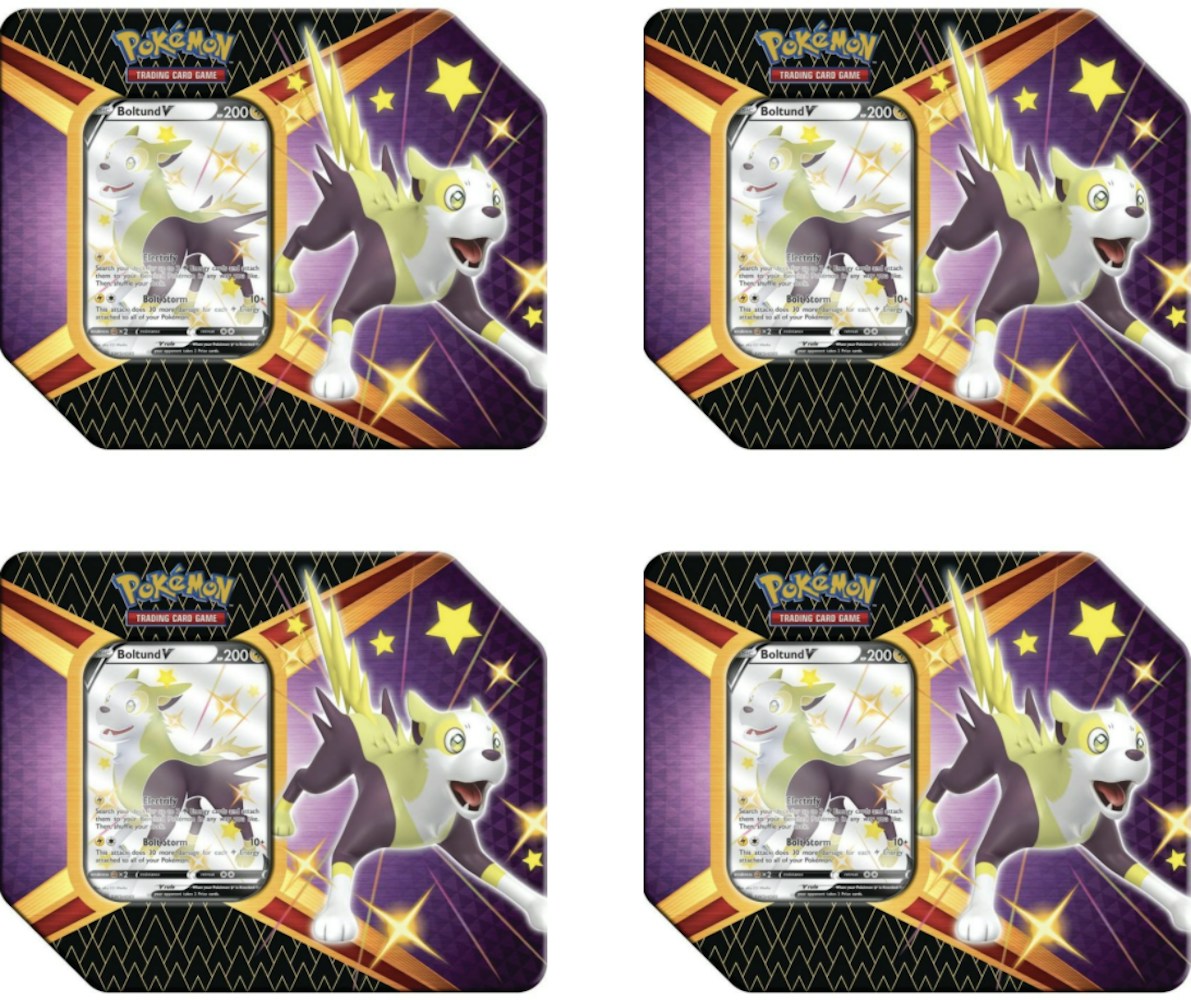 21 Pokemon Tcg Sword Shield Shining Fates Boltund V Tin 4x Lot Uk Version 5 Booster Packs 21