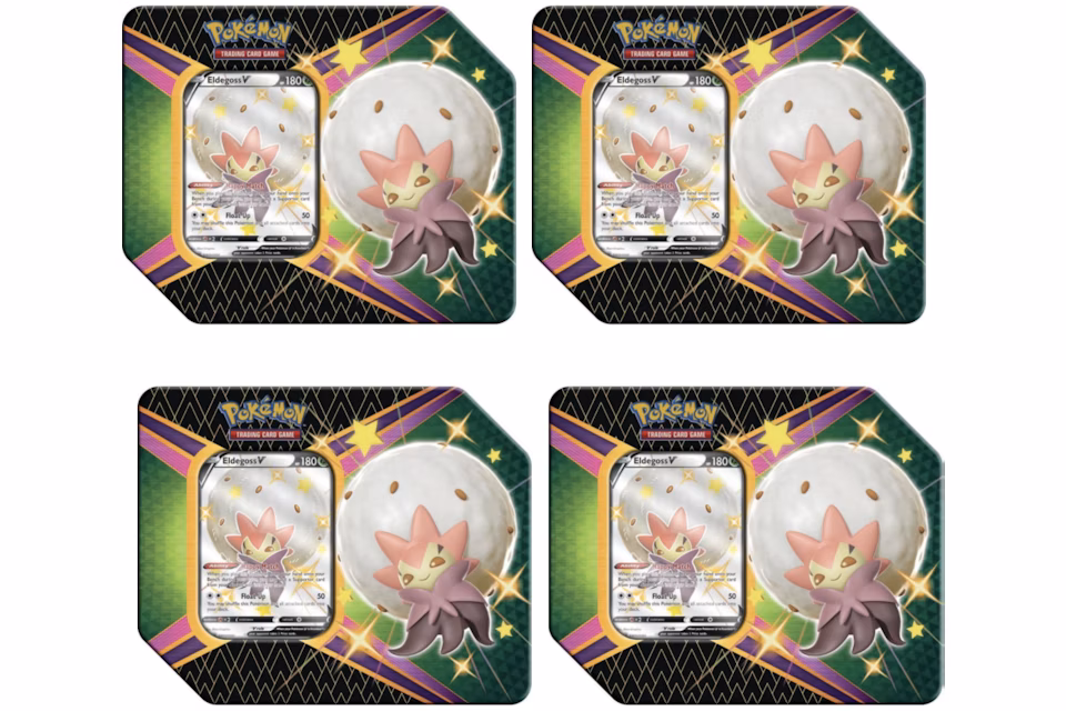 Pokémon TCG Sword & Shield Shining Fates Eldegoss V Tin 4x Lot (UK Version 5 Booster Packs)