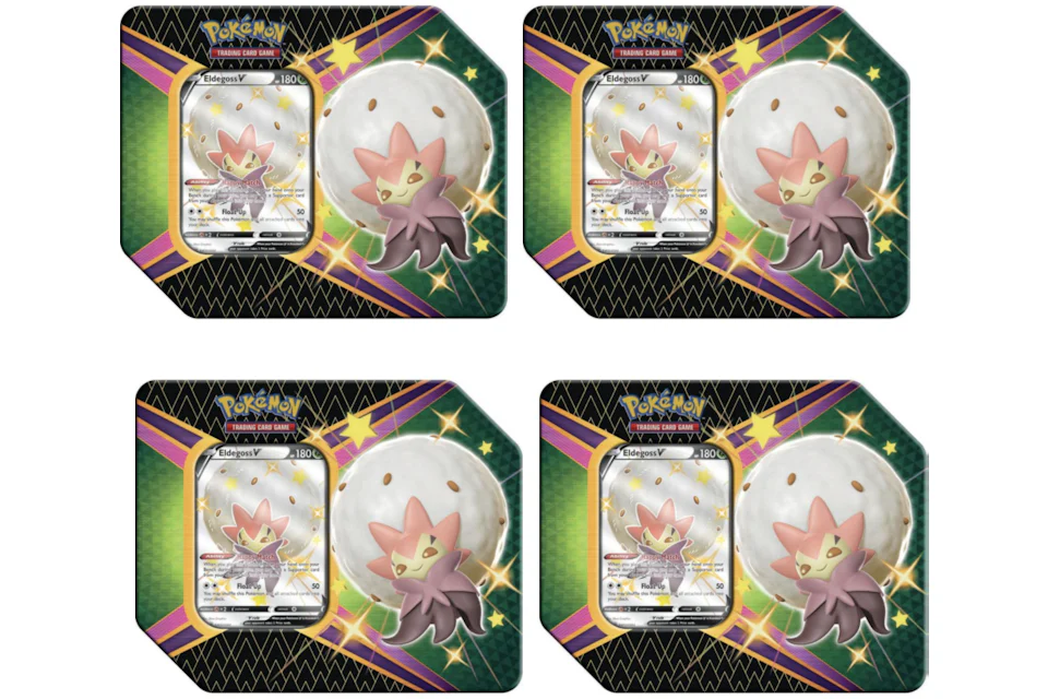 Pokémon TCG Sword & Shield Shining Fates Eldegoss V Tin 4x Lot (UK Version 5 Booster Packs)