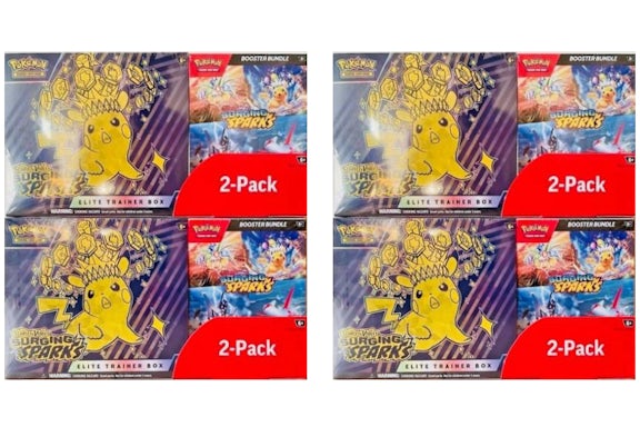 Pack 2025 de Pokémon Scarlet & Violet Surging Sparks Elite Trainer Box & Booster Costco, paquete de 2 unidades, lote de 4 unidades