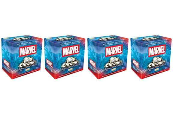 2025 Topps Marvel Sapphire Edition Hobbybox, verchromt, 4 Stück