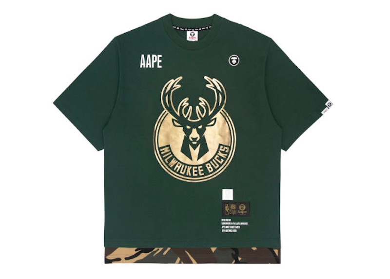 BAPE x NBA Style Ape Face Milwaukee Bucks Basketball Tee Army Camo