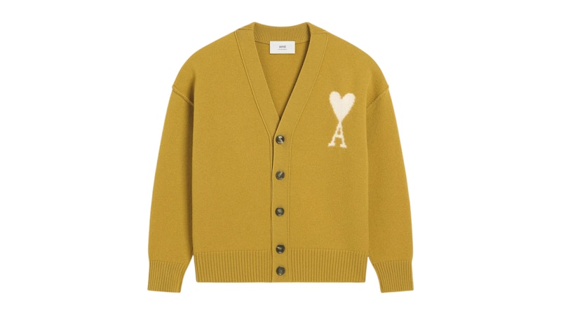 Ami Paris Felted Merino Mustard Wool De Coeur Cardigan