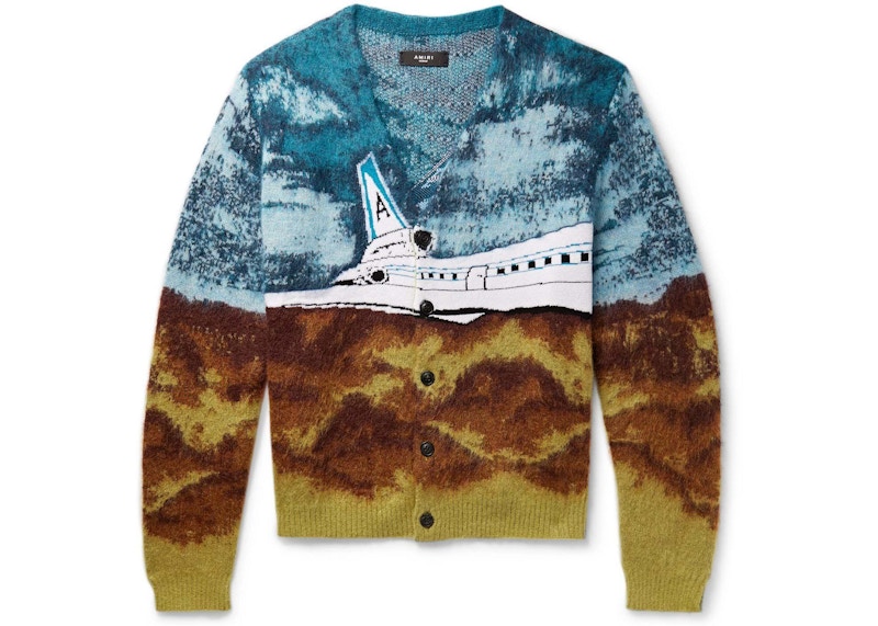 Pre-owned Amiri Men's  Airplane Intarsia Mohair Cardigan Sweater In Roasted Red/dark Blue