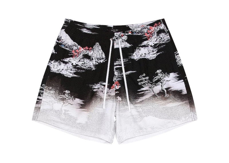 Pre-owned Amiri Men's Aloha Beach Cabana Swim Shorts/in Black/white In Multi