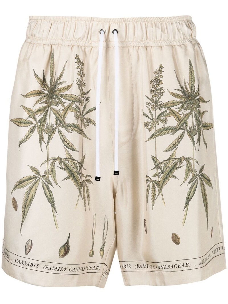 AMIRI Botanical Leaves Drawstring Silk Shorts Cream