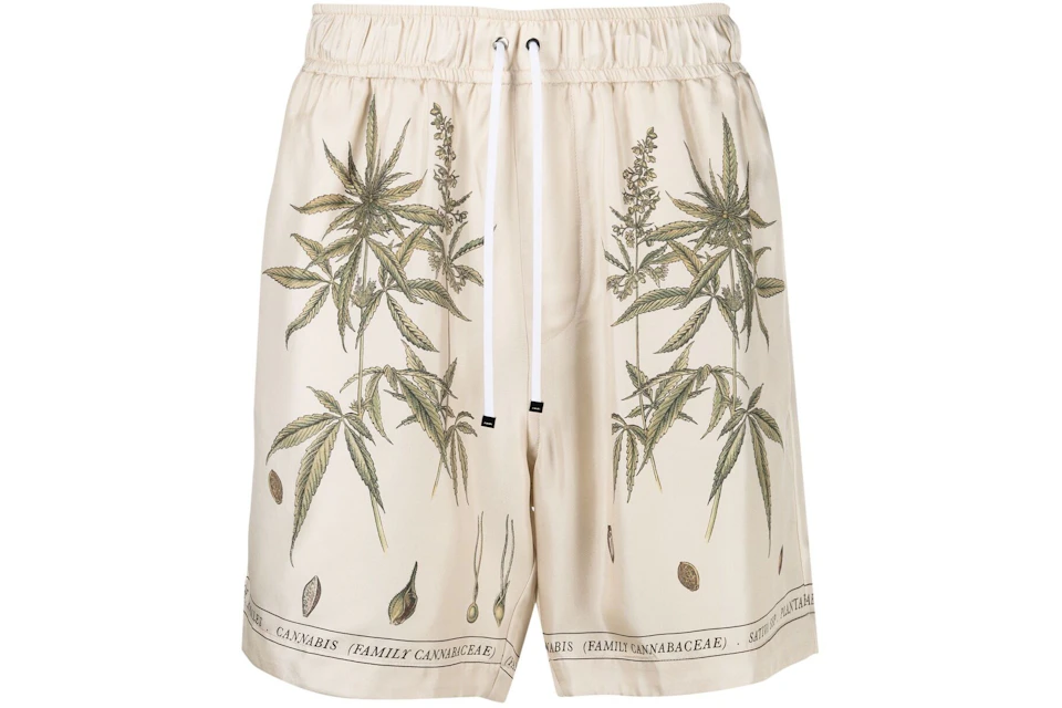 AMIRI Botanical Leaves Drawstring Silk Shorts Cream