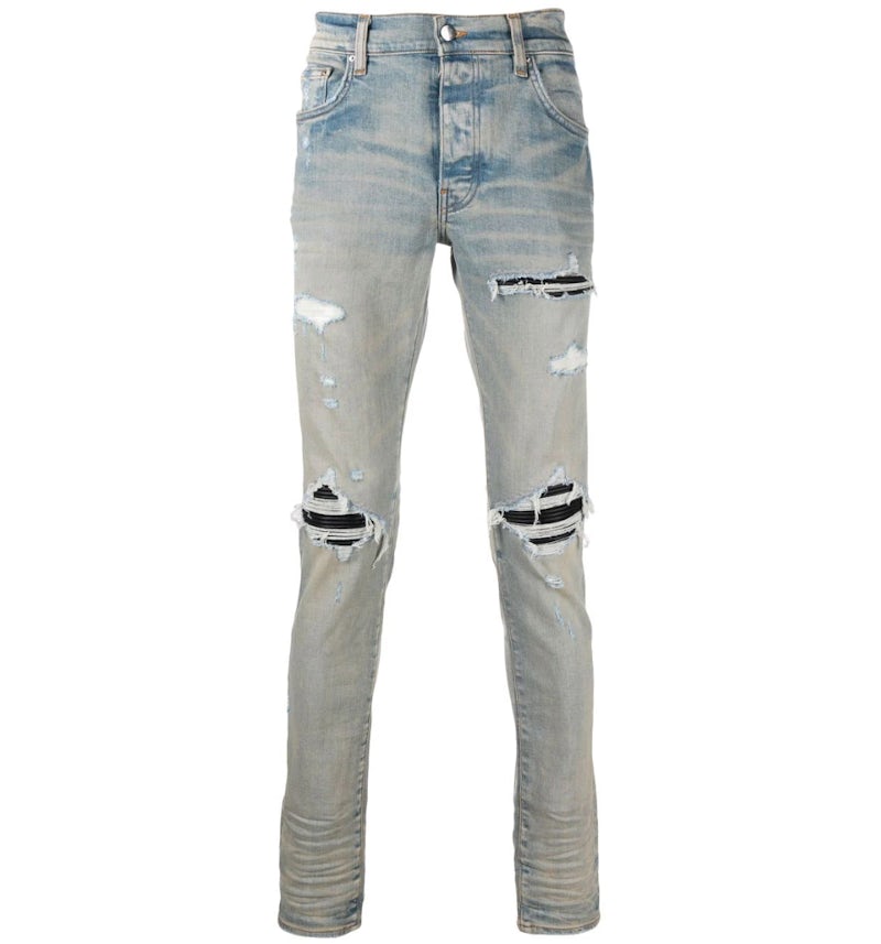 AMIRI Distressed Finish Ripped Skinny Jeans Light Indigo Blue