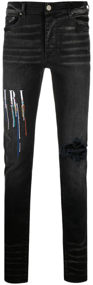 AMIRI Embroidered Paint Drip Core Logo Distressed Skinny Jeans Black/Multi