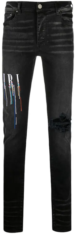 AMIRI Embroidered Paint Drip Core Logo Distressed Skinny Jeans Black ...