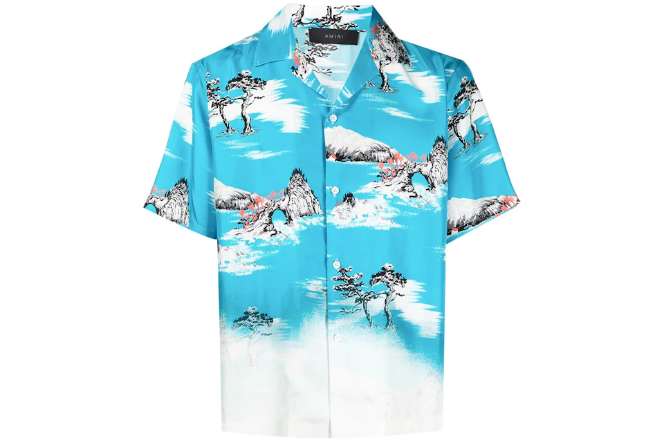 AMIRI Faded Aloha Silk Shirt Cyan Blue