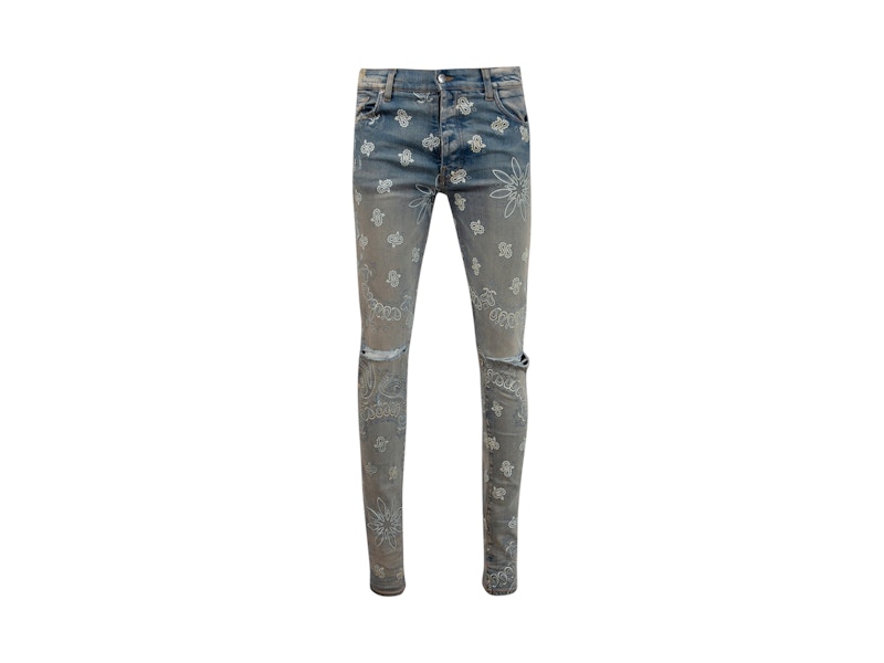 Pre-owned Amiri Men's Flocked Paisley Bandana Jeans In Indigo Blue