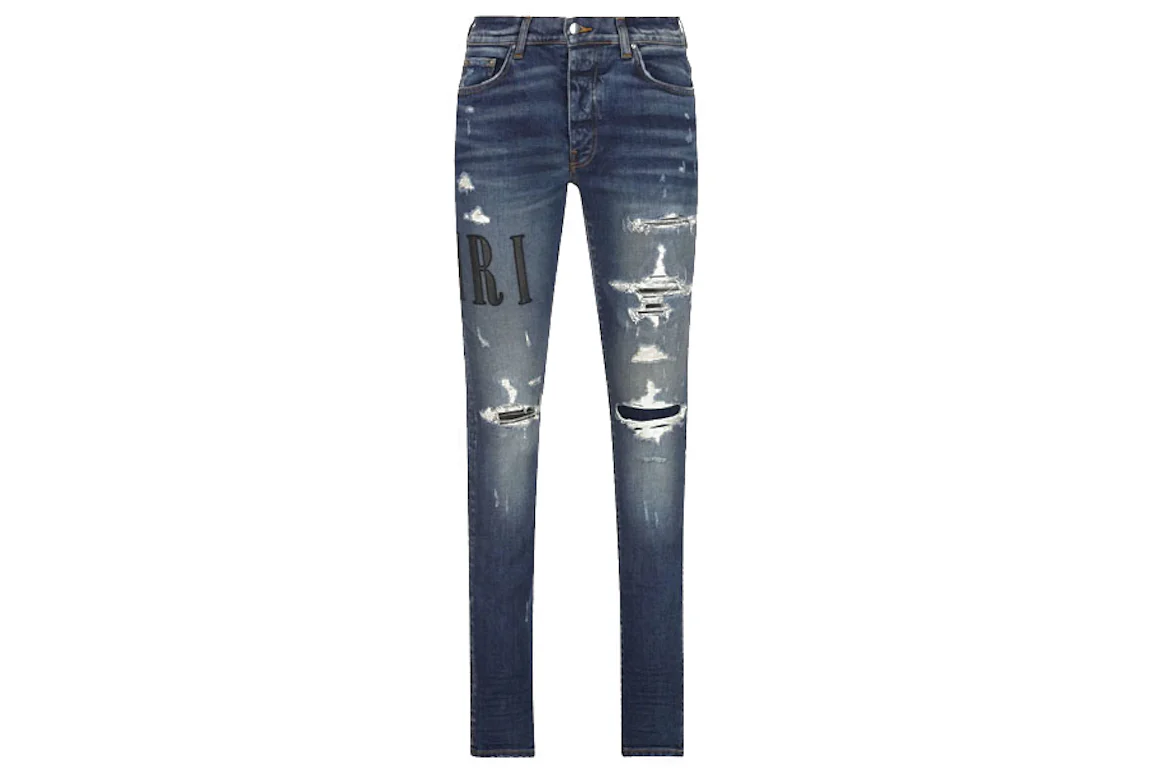 AMIRI Logo Distressed Skinny Jeans Indigo Men's - SS23 - US